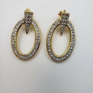 White Rhinestone Gold Tone Oval Drop Pierced Earri